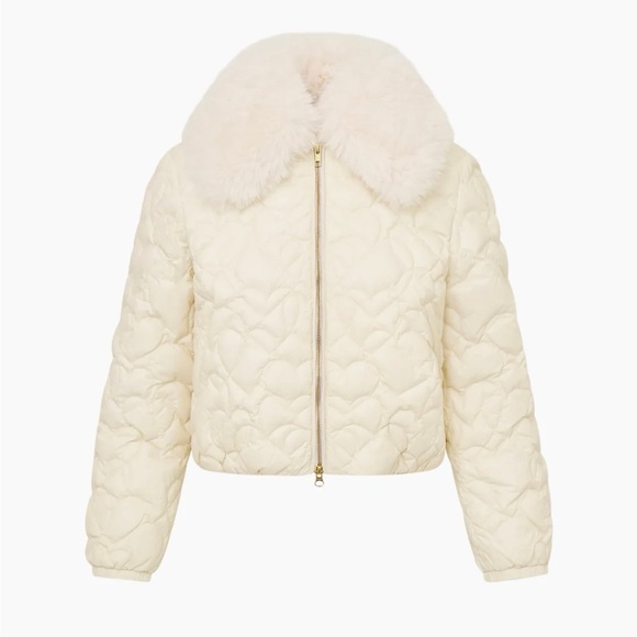 LoveShackFancy Jackets & Blazers - LoveShackFancy Sandria Cream Heart Quilted Puffer Jacket with Faux Fur Collar